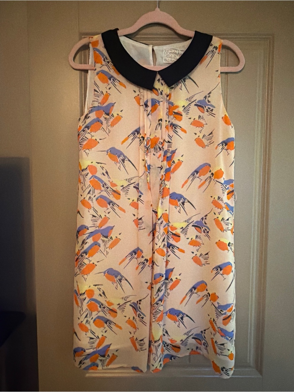 Pink Martini Cream Midi Dress with Orange and Blue Bird Print and Black Collar